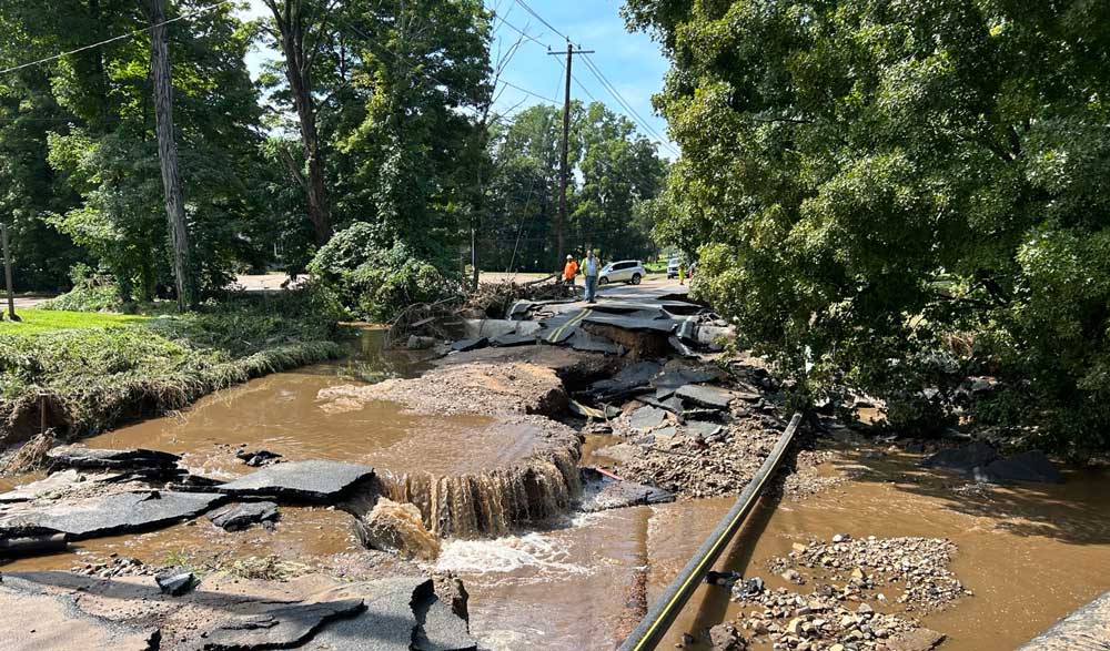 Old Field Road in Southbury damaged by floodwaters.