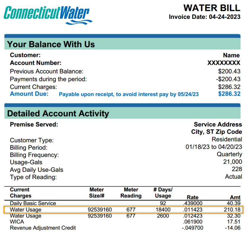sample water bill with water usage highlighted