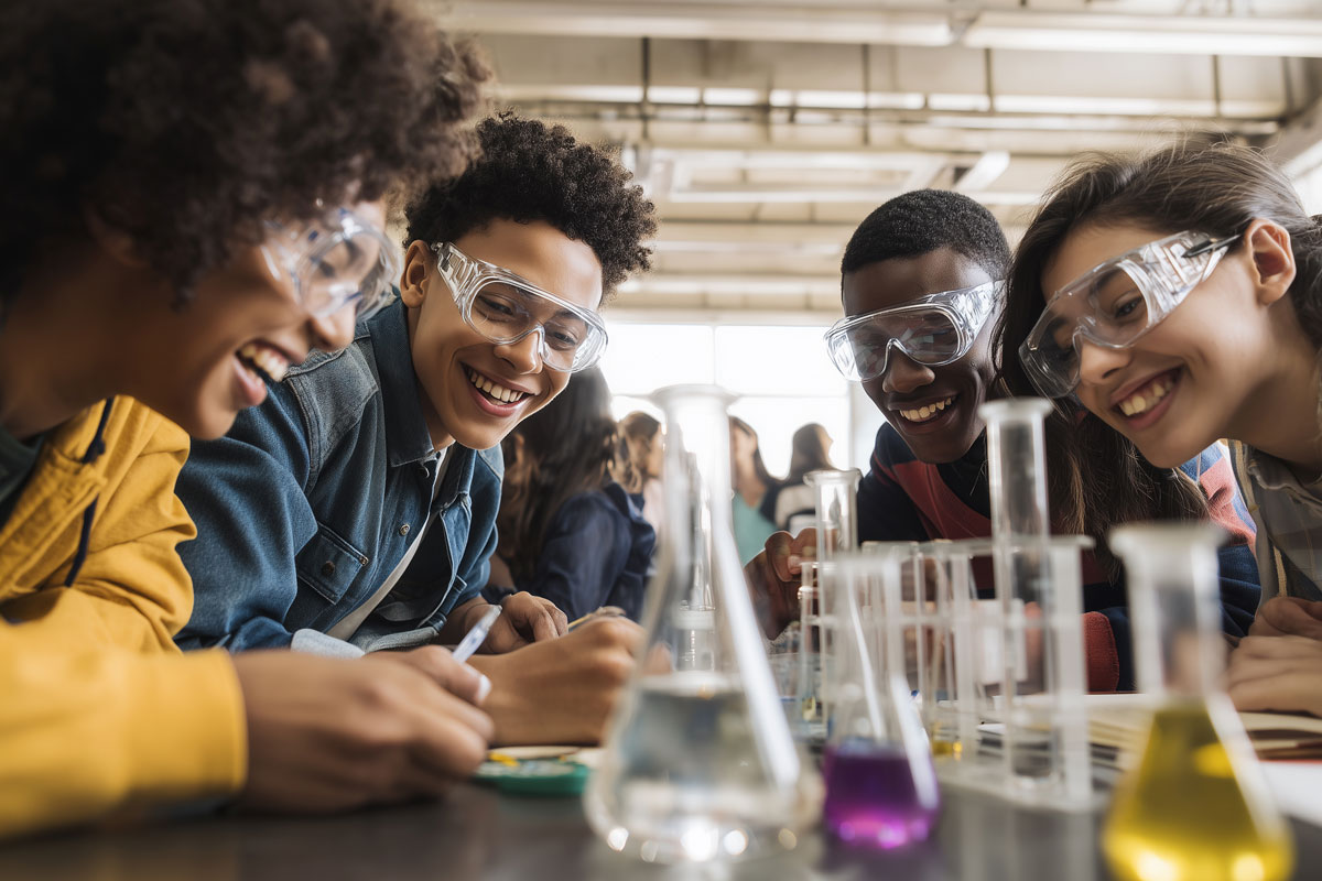 Stock image of students in a science lab.