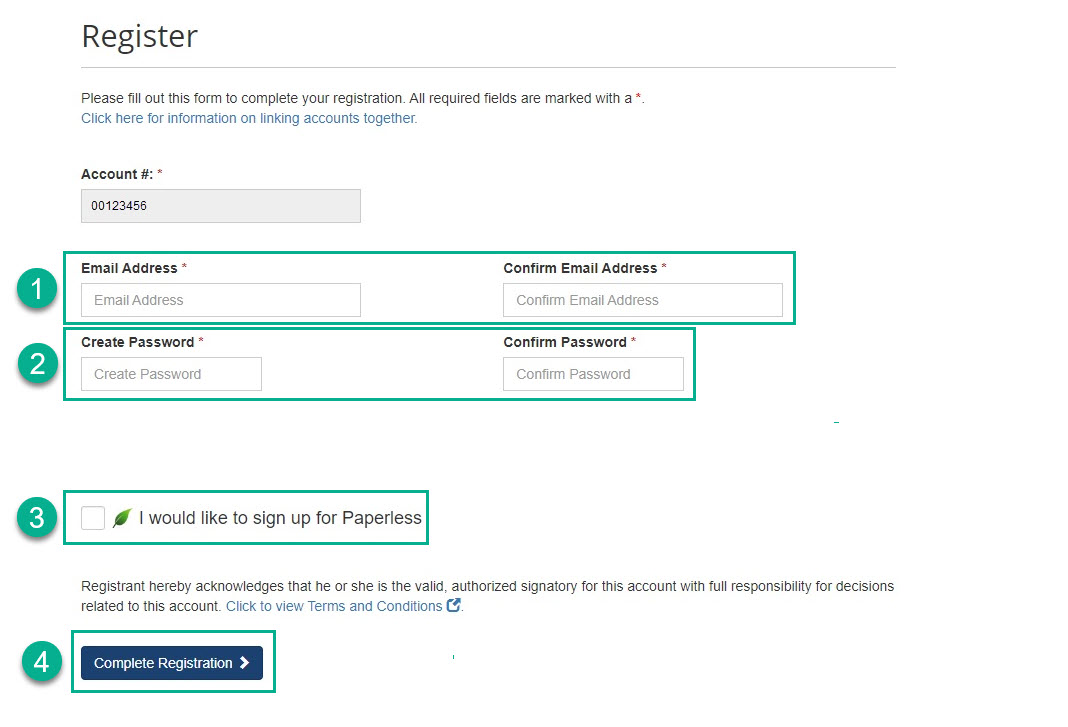 screenshot from invoice cloud providing step by step visual for how to complete registration