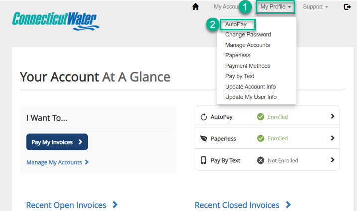 screenshot from invoice cloud providing step-by-step visual of how to get to the autopay section of invoice cloud