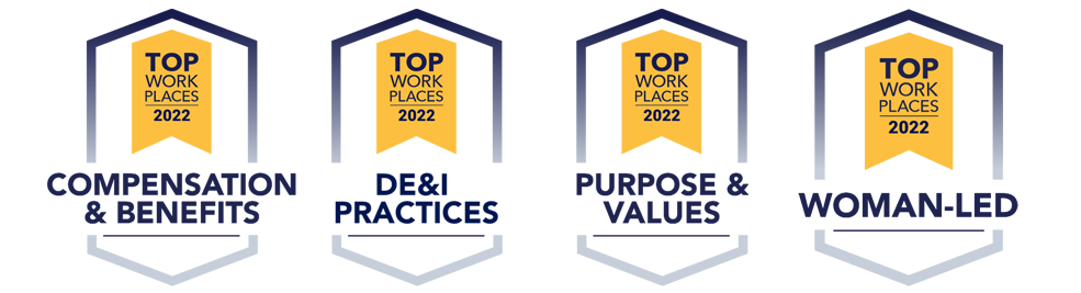 four 2022 top workplace badges - Compensation & Benefits, DE&I Practices, Purpose & Values, Woman-Led