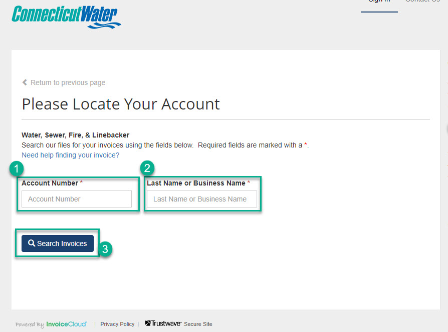 screenshot from invoice cloud providing step-by-step visual for how to locate your account
