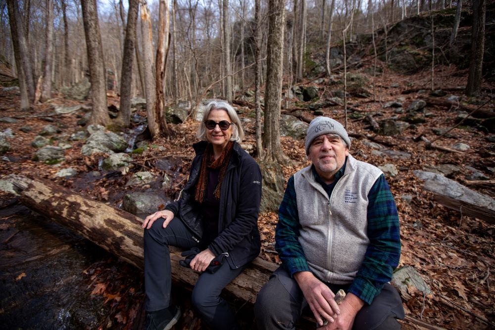 Bethany Land Trust President Carol Lambiase and Board Member Bob Harrison sit on a fallen tree as water from recent rains cascade through the nearby rocks at the Three Sisters Preserve.